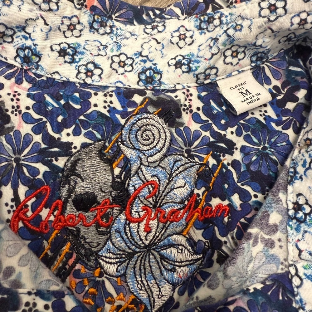 Robert Graham Mens Blue Floral Short Sleeve Button Down Shirt Classic Fit Size M - Picture 4 of 8